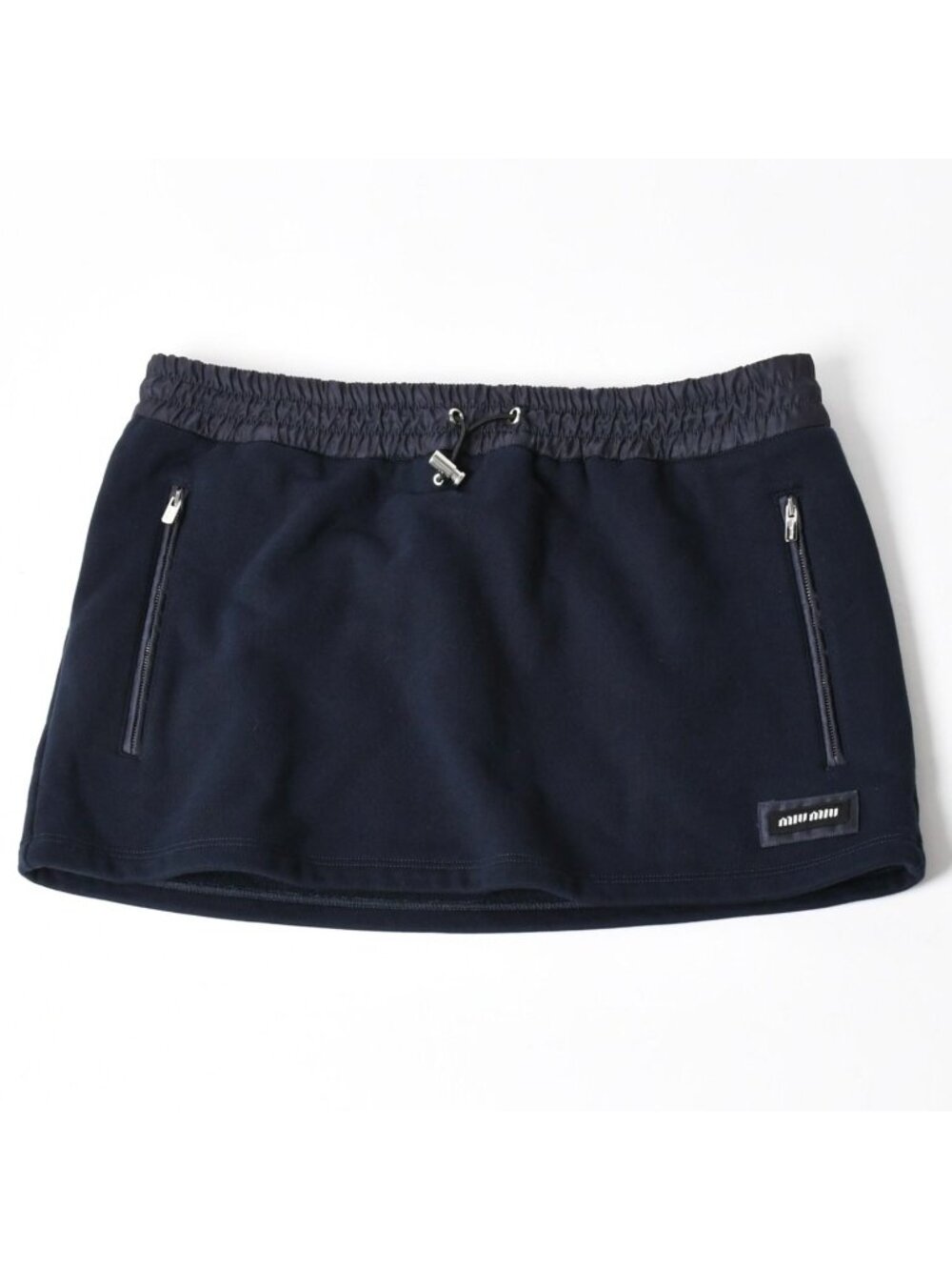 Miu Miu Cotton Fleece Mini Skirt Navy Logo Patch Silver